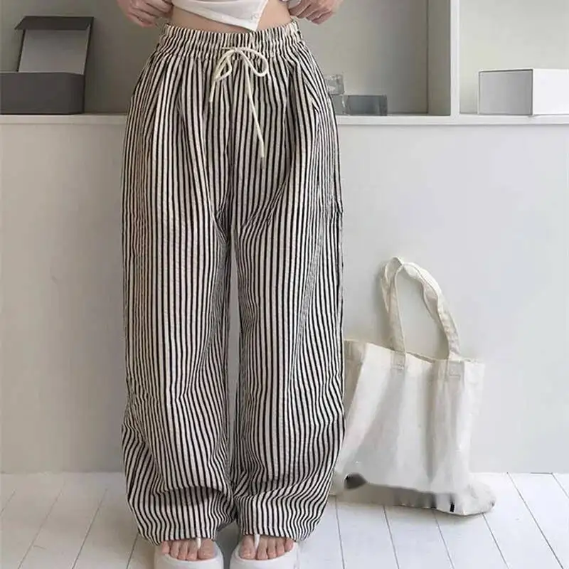 Korea New Style Elegant Lazy Style Slimming Elastic Waist Tie Vertical Striped Casual Wide-Leg Pants Loose Casyal Women 2UON