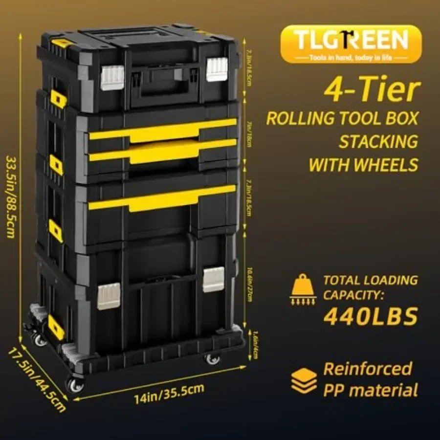 4-Tier Stackable Rolling Tool Box with Wheels and Drawers for Garage Use, Steel Construction, Black Finish, Heavy-duty Smooth-g