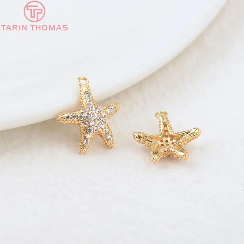 (739)6PCS 12x14MM 24K Gold Color Brass and Zircon Starfish Charms Pendants High Quality Diy Jewelry Findings Accessories