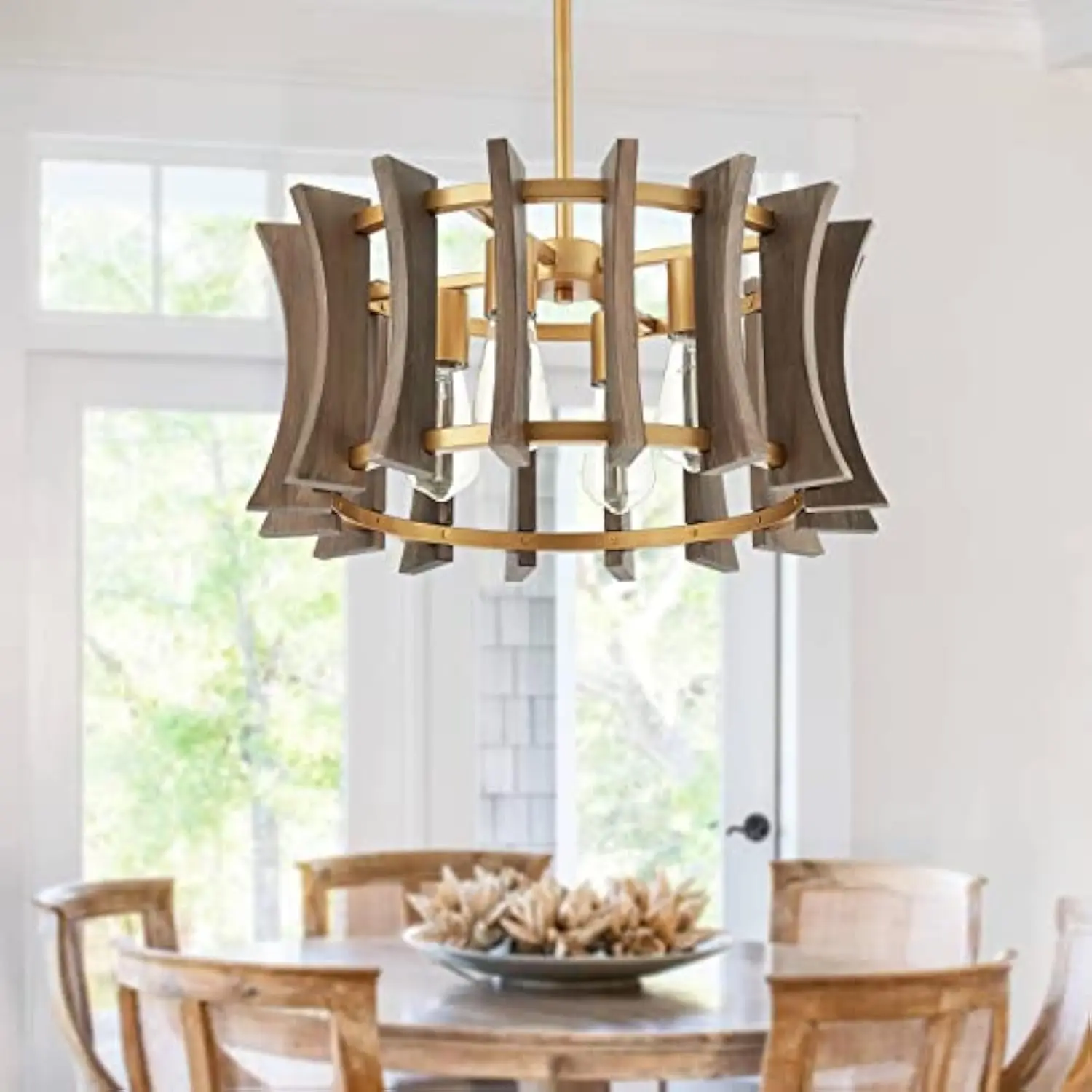 

Industrial Wood Chandelier, with Antique Brass Brush Paint Finish Shade Pendant Lighting Fixture for Dining Room Kitchen Island