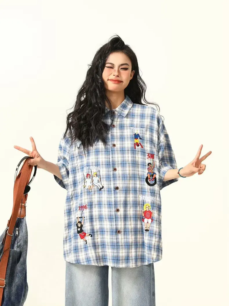 

Уличная одежда в стиле хип-хоп, женские клетчатые рубашки с вышивкой персонажей, новые рубашки, повседневные модные свободные дизайнерские рубашки большого размера