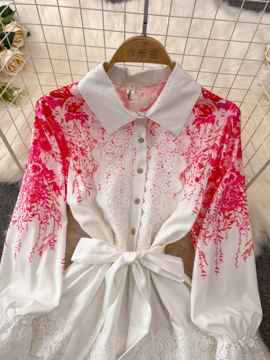 Retro Court Sle Lantern Long Sve Collared Waist Cinched Slim A-Line Lace Patchwork irt Dr Ele Midi Skirt