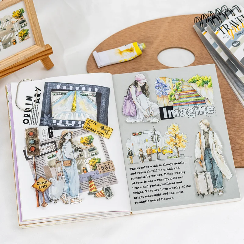 50pcs Die-Cut PET Sticker Book on The Road Series Original 1 Style Journal DIY Collage Decoration Supplies Kawaii Stickers