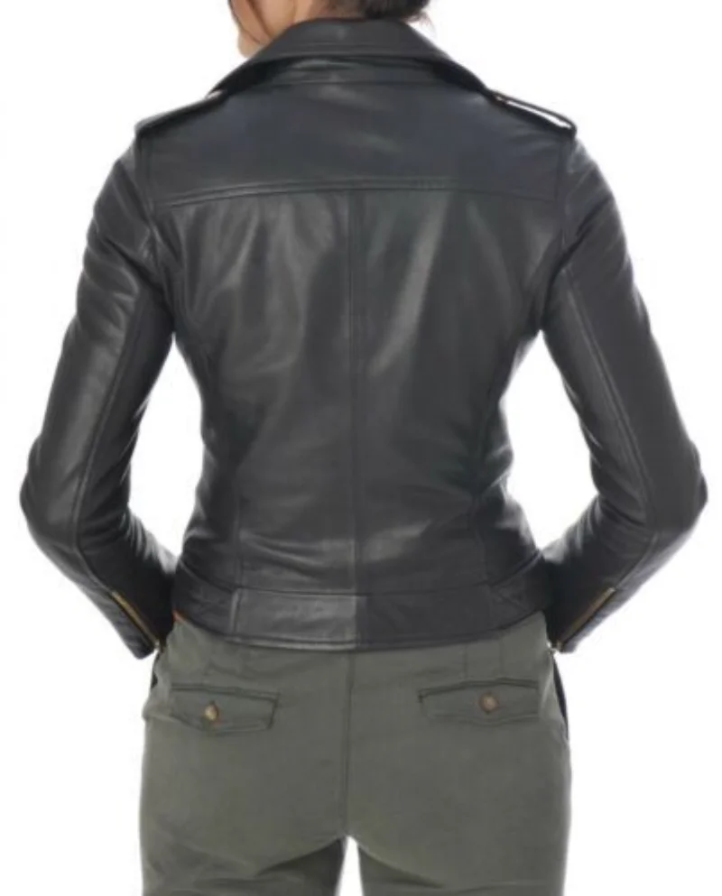 Chaqueta de piel de cordero para mujer, chaqueta de cuero para motociclista, color negro