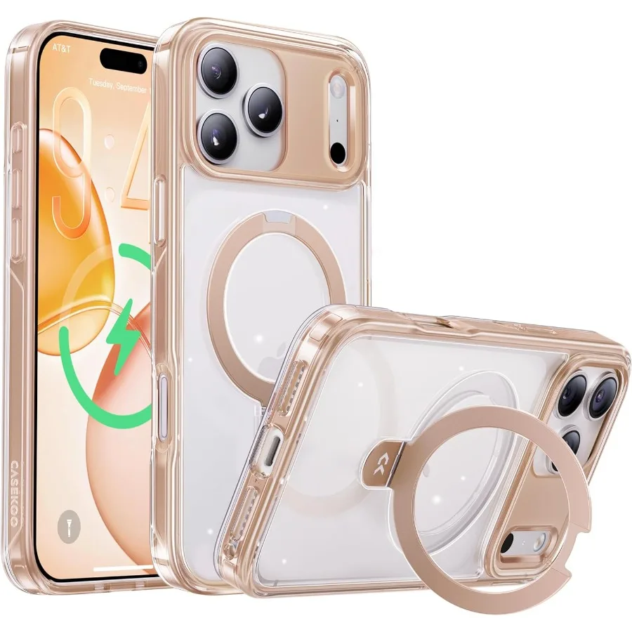 

Ультрамагнитный чехол-подставка цвета шампанского и золотого цвета для iPhone 17 Pro Max с поддержкой MagSafe, 16 футов, военная защита для En