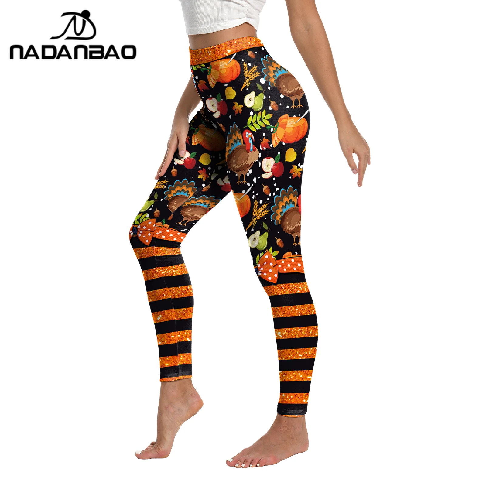 Nadanbao Vrouwen Thanksgiving Party Leggings Sexy Slanke Panty Pompoen Turkije Gestreepte Broek Gym Fitness Workout Broek Y2K Doek