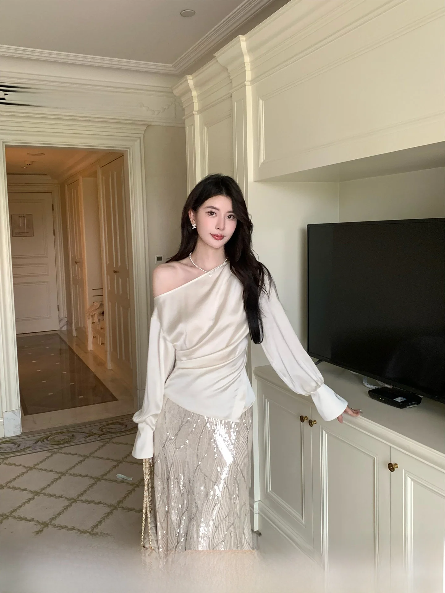 

Kun Total Heavy Du Sequin A-Line Fi Tail Skirt Women's Spring High Waist Long Skirt Bright iny Polyester Casual Skirt