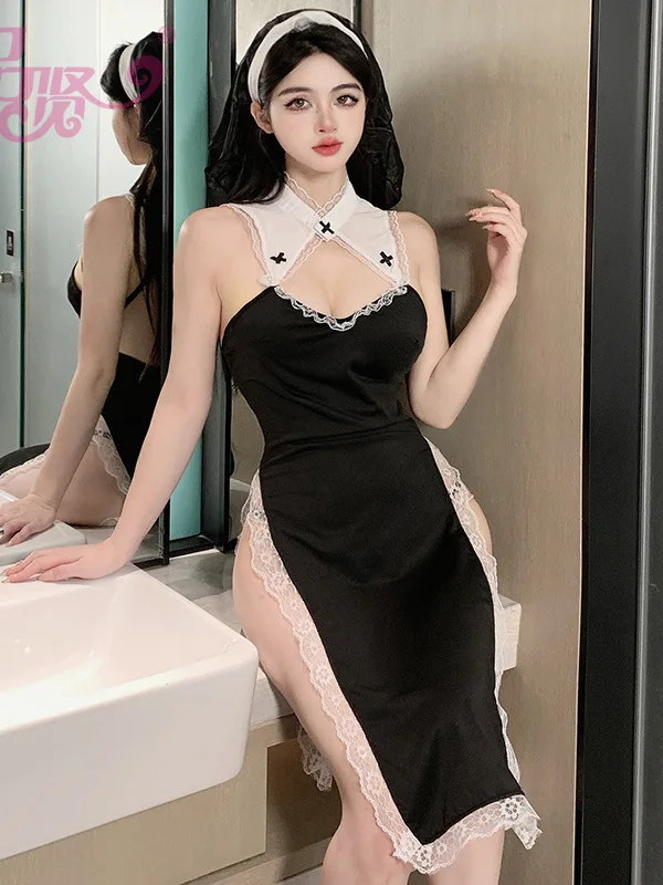 Robes noir dentelle maille chaude Sexy coréen haut pour femme doux féminin haute fente solide Cosplay jeu robe élégante 1CMI