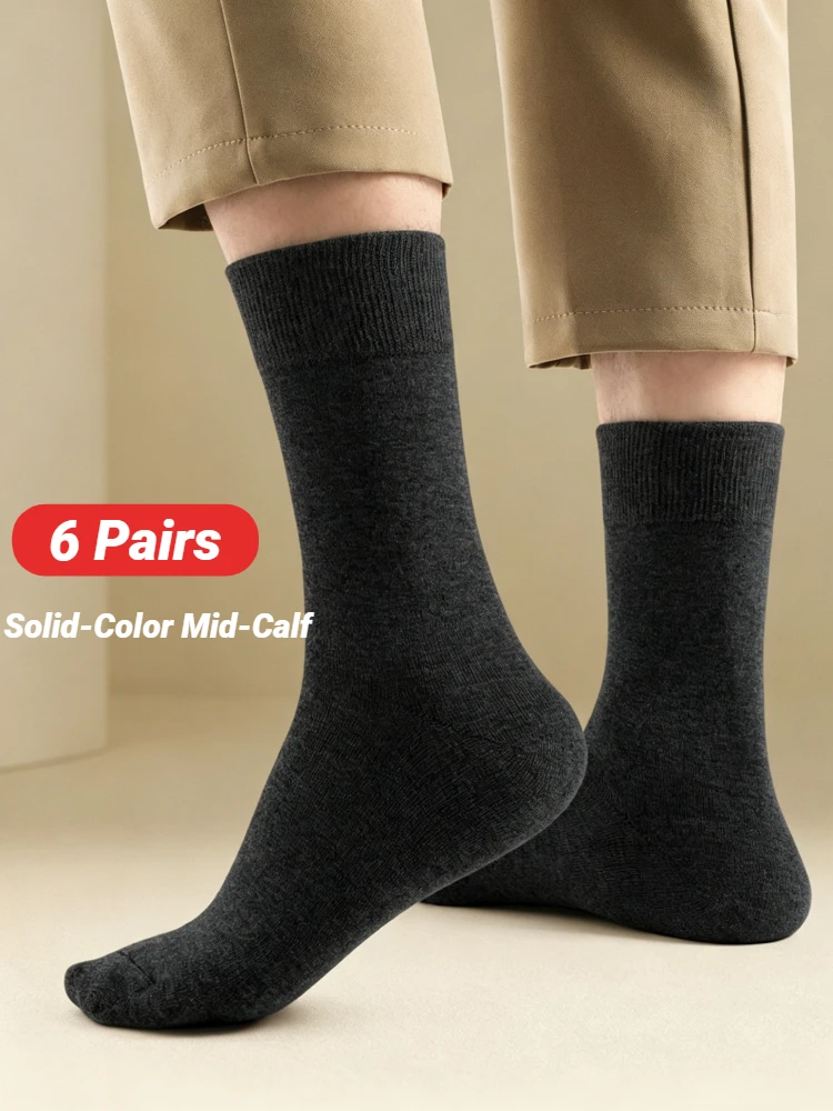 6 Pairs Men's Socks Black Cotton Dress High Quality Long Autumn And Winter Sweat Resistant Anti-Odor Calf