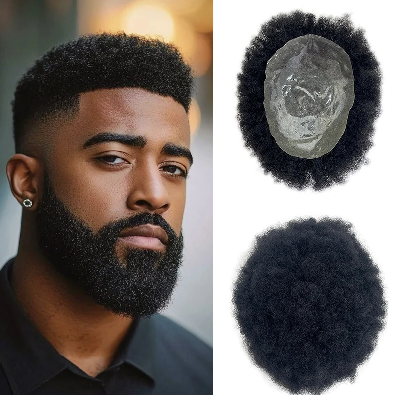 100% Human Hair Men's PU Capillary Prothesis Toppers Afro Curly Hair Ultra Thin Breathable Natural Looking Daily Hair Accessory