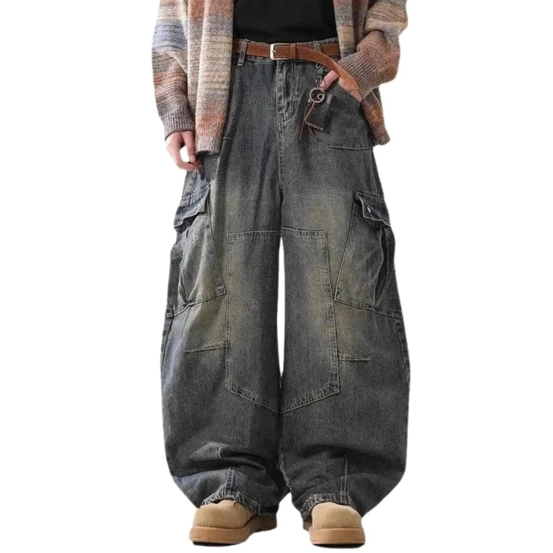 Unisex Loose Wide Leg Multi Pocket Cargo Jeans Vintage Washed Denim Work Pants Casual Denim Trousers