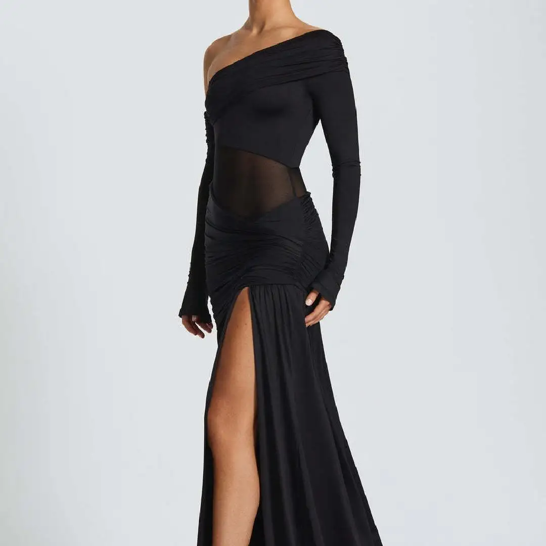 2025 г., женское сексуальное длинное платье из сетки на одно плечо со сложенной талией и открытыми плечами