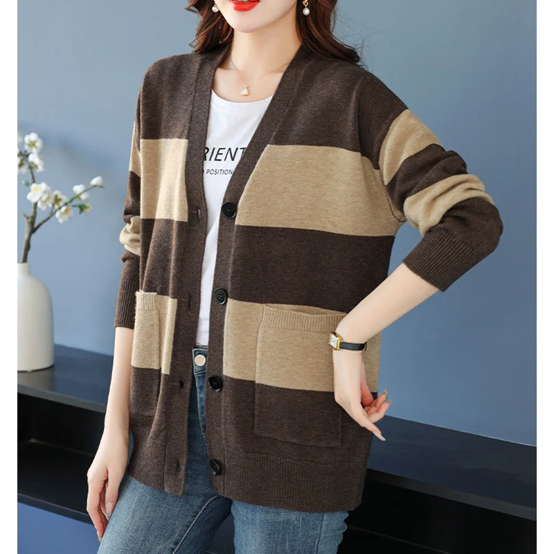 Clothes for Women 2024 Autumn Winter Vintage Striped Button Knitted Cardigan Korean Simple V Neck Long Sleeve Loose Sweater Coat