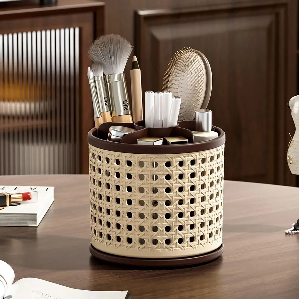 360° Rotating Desktop Pen Holder Large Capacity Multifunctional Makeup Brush Storage Box Grid Design Vintage