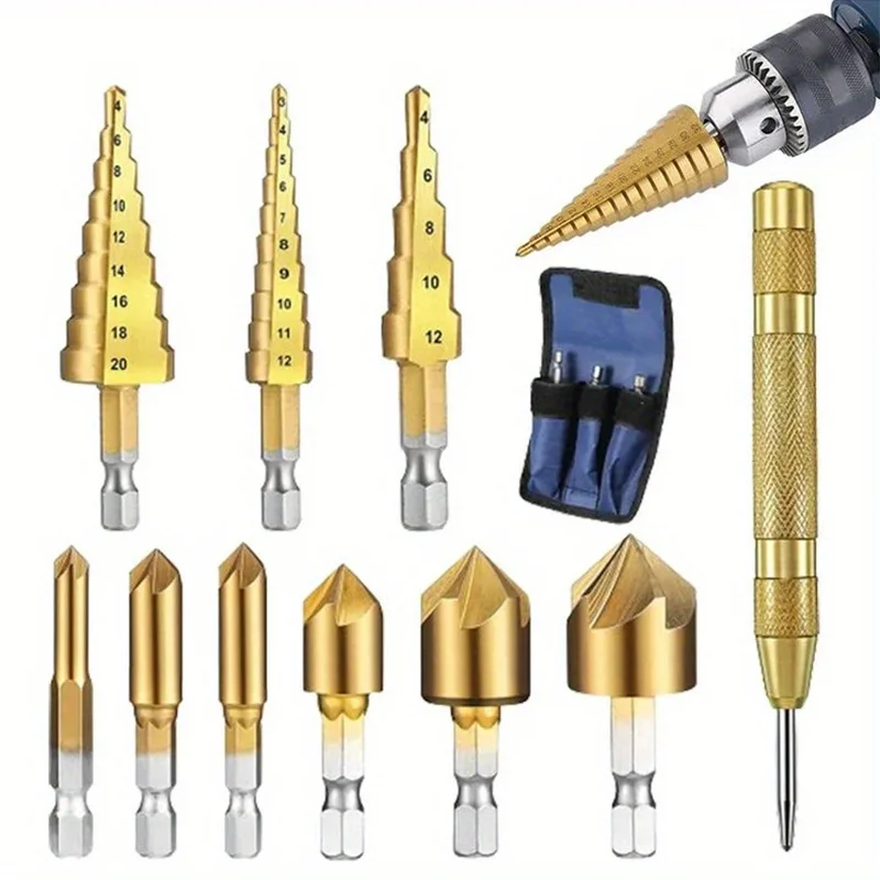 Woodworking Three-Point Drill Five-Blade Chamfering Tool Wooden Plug Drill 10 Pcs Bit Set Pagoda Punching Center