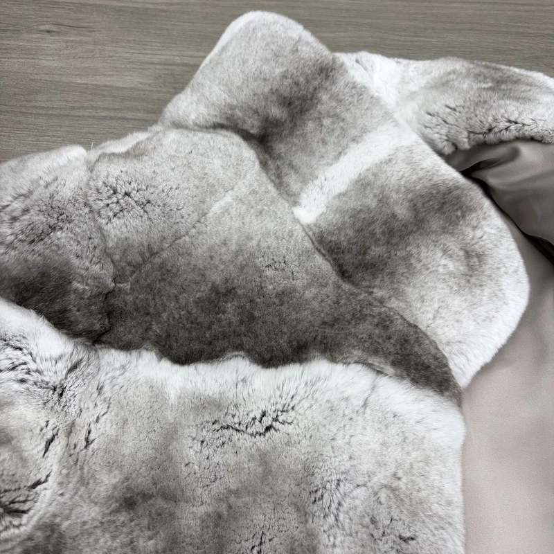 Women Real Rex Rabbit Fur Coat Stand Collar Short Jacket Chinchilla‑Look Pattern Horizontal Stripe Winter Warm Female Coat