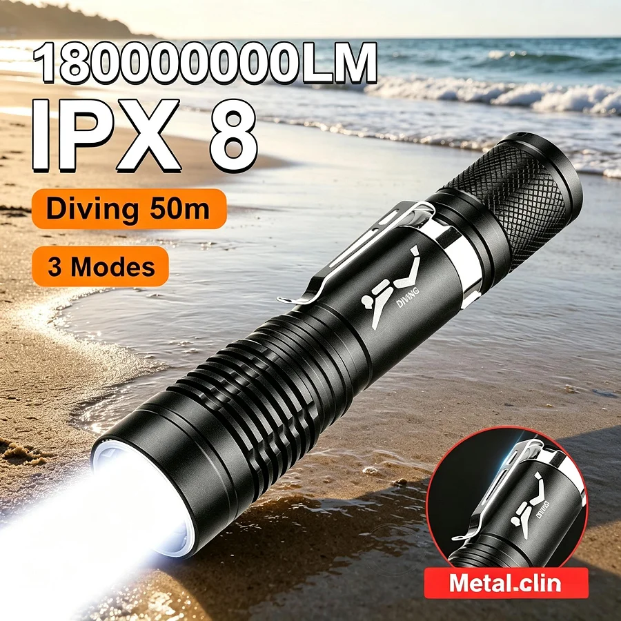1800000LM Portable Diving Flashlight IPX8 50M Depth Underwater Torch With Metal Clip 3 Modes Hand Lamp for Tide Pool Snorkel