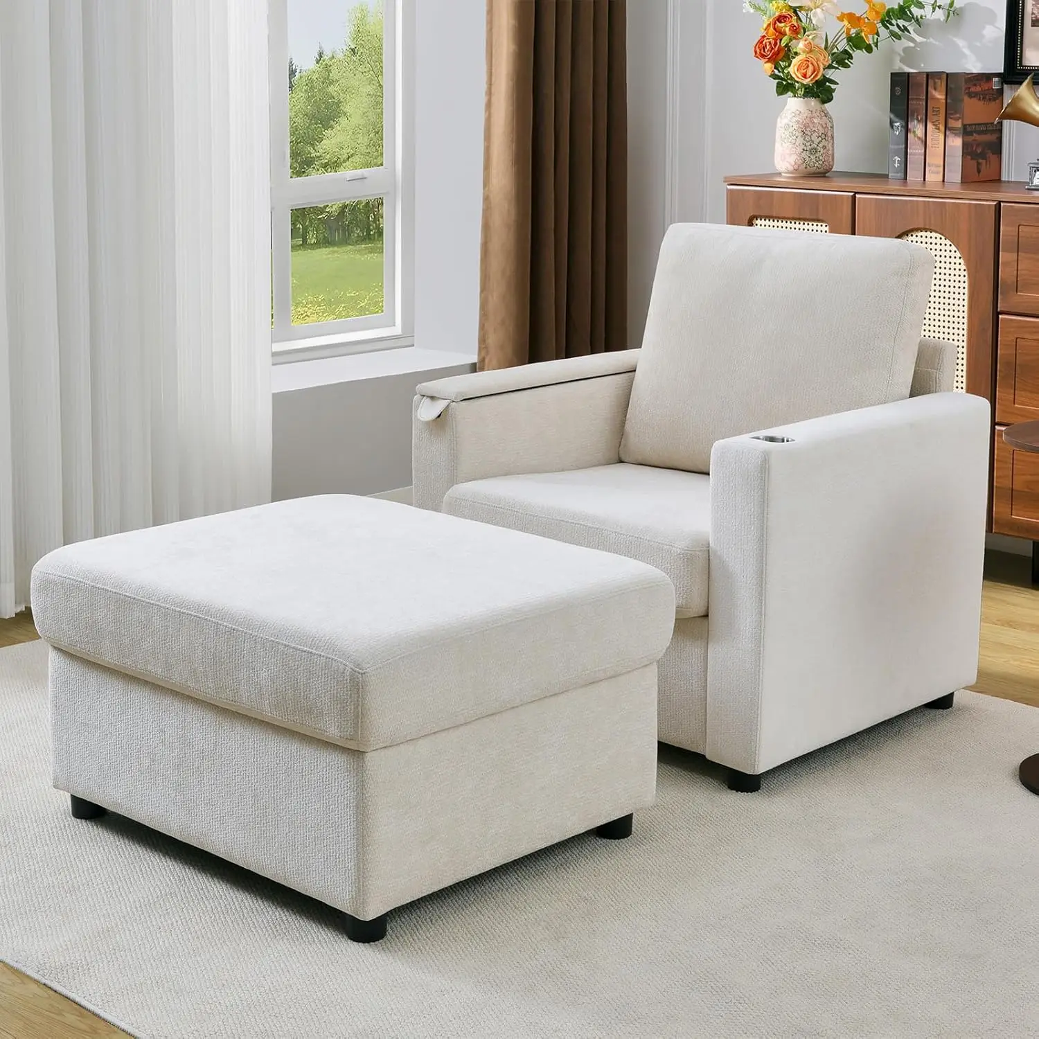 new Modern Accent Chairs with Storage Ottoman Set, Comfy Chenille Reading Armchair with Tray Table and Charging Port,, Customize