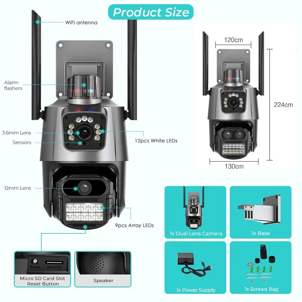 8MP 4K IP Camera Dual Lens Dual  PTZ Wifi Camera Outdoor Waterproof Security Video Surveillance Camera Police Light Alarm