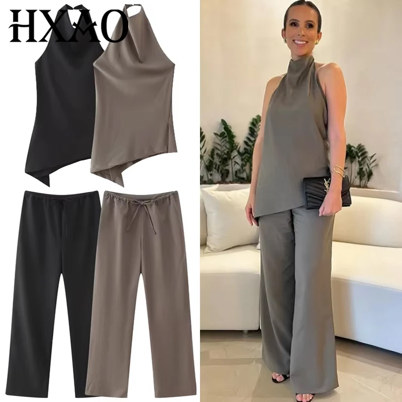 HXAO Satin Pant Sets Women's Suit Elegant Asymmetric Halter Top 2 Piece Sets Lace-Up High Waist Trousers Sets High Street Outfit