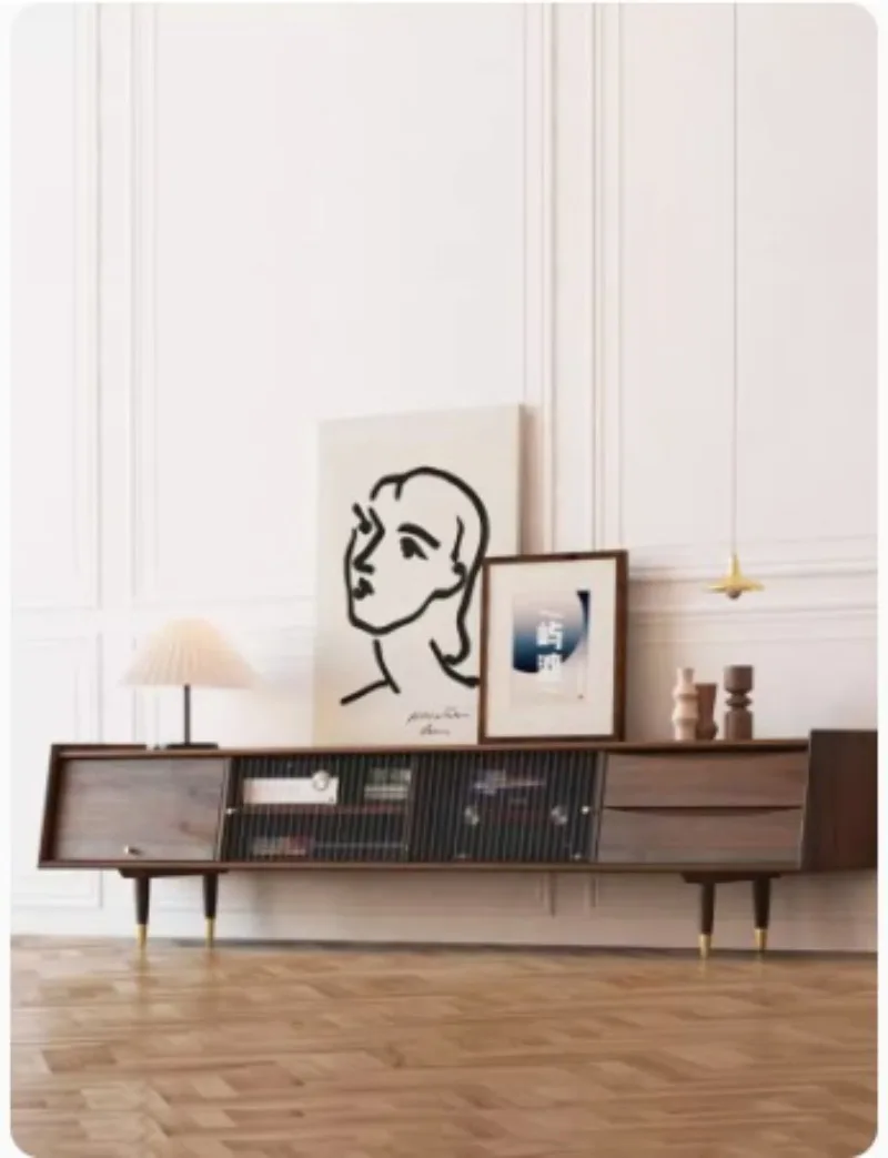 Black walnut solid wood TV cabinet, Nordic Japanese medieval cherry wood laser projector audio-visual cabinet