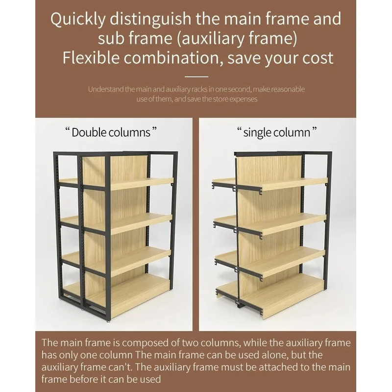 custom.New Arrival Double-Sided Wooden Supermarket Displays Shelves Convenience and Supermarket Display Rack