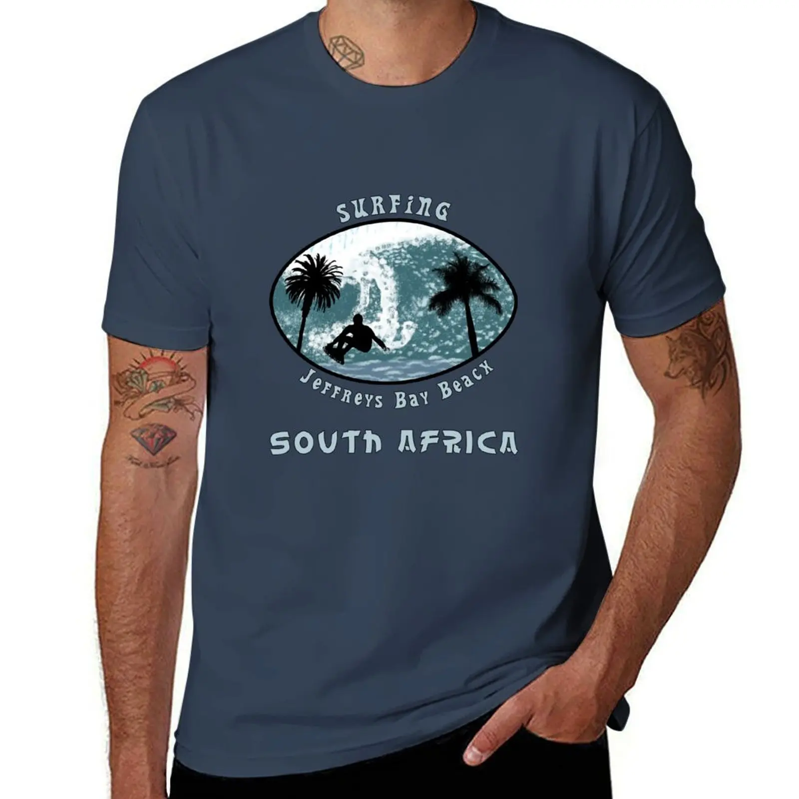 

Surfers, Palm Trees, South Africa Jeffreys Bay Beach T-Shirt luxury t-shirt custom shirt summer clothes t shirts for men