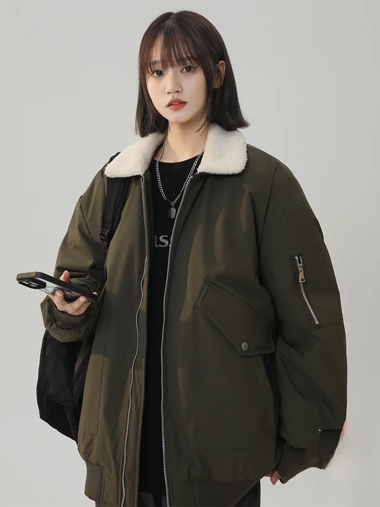 

PaulFrank Thiened Lamb Velvet Collar Cotton Jaet Men Winter Warm Couple Cottonwear Loose Fit Long Sve Zipper Closure