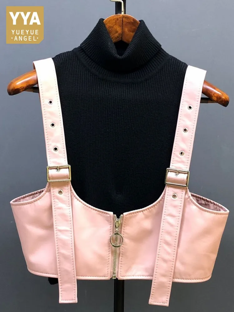 

Office Leisure Suspenders Solid Color Genuine Leather Short Vest Fashion Round Neck Zipper Sheepskin Women Sleeveless Jacket