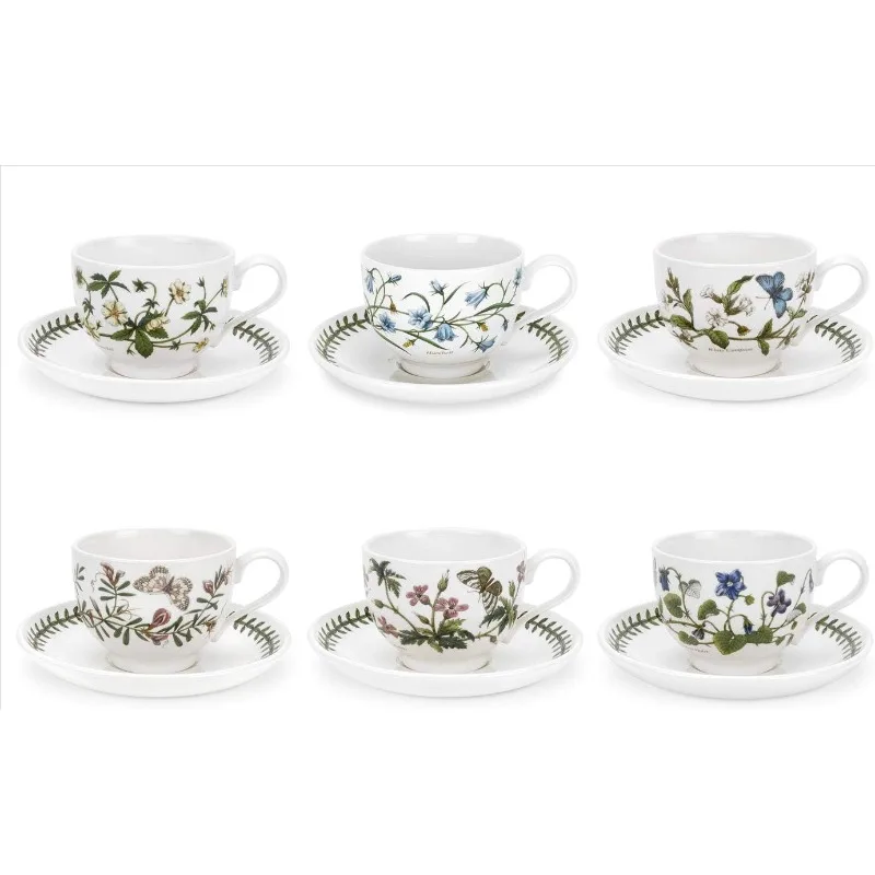 

Botanic Garden 7oz Teacup and Saucer - Set of 6 | Assorted Floral Motifs | Fine Earthenware Chip Resistant Glaze Dishwasher