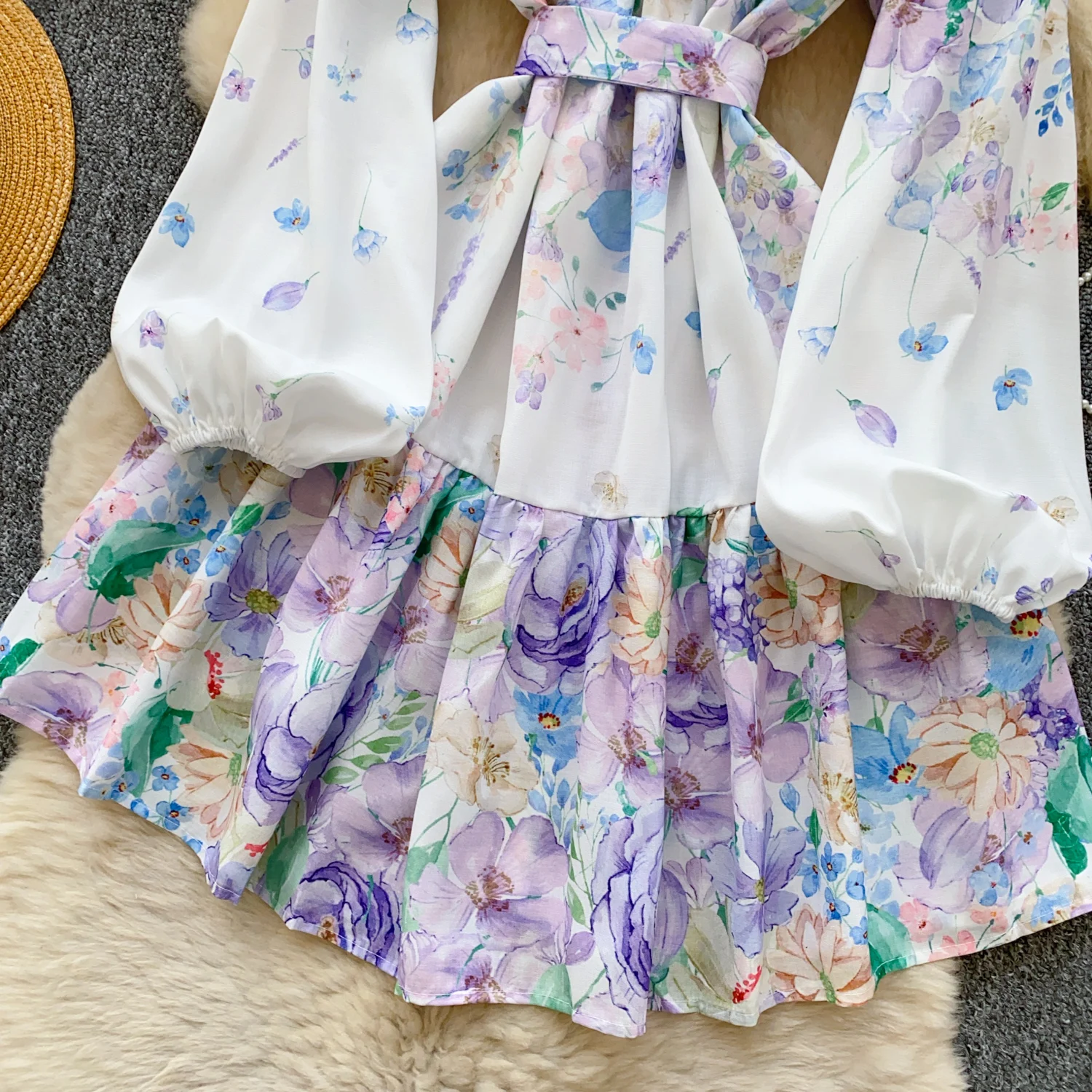 Retro Gedruckt Kurzes Kleid Frauen Französisch Rüschen Elegante Blumen Kleider Damen Schlank A-line Frühling Herbst Mini Robe Vestidos