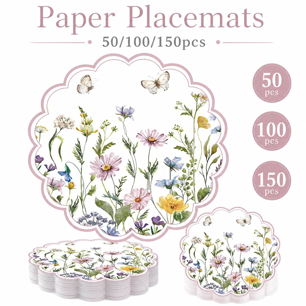 50/100/150pcs Pink Rose Pattern Disposable Paper Placemats, Suitable for Wedding, Birthday and Banquet Table Layout