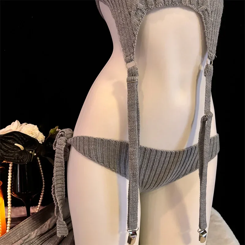 Women Cat Girl Anime Cosplay Costume - Gray Turtleneck Sweater Outfit Backless Knit Clothes with Garter Stocking 2026 view 4
