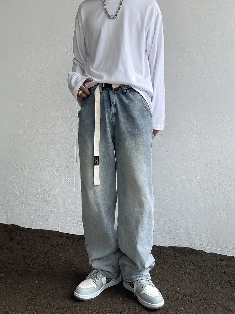 

Waed Light Blue American Retro High Street Jeans Loose Straight Leg Casual Long Pants for Teen Boys Trendy Pure Color