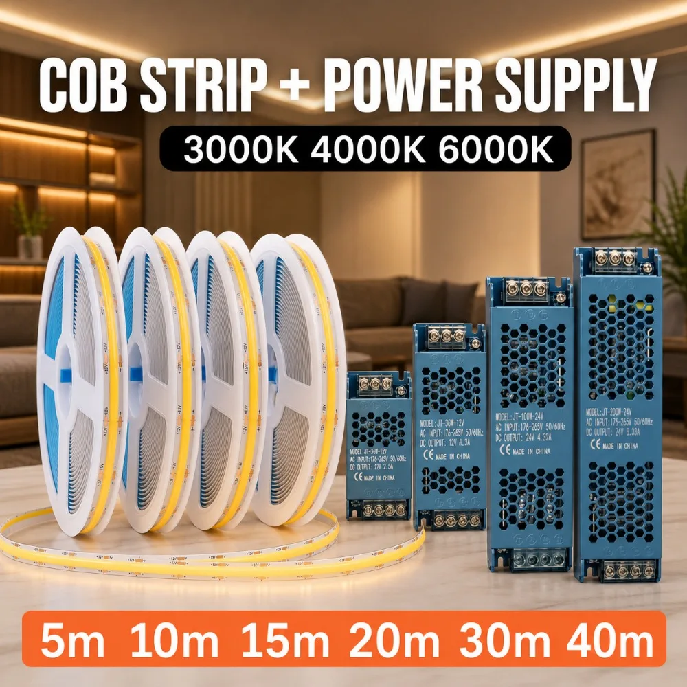 High Density COB LED Strip Tape 5M 10M 20M 30M 40M Flexible Diode 3000K 4000K 6000K DC12V 24V Power Supply For Indoor Lighting