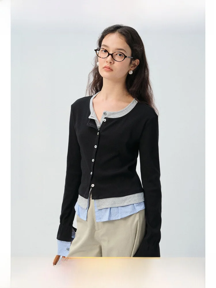 

plus Size Women's Long Sleeve Knitted Sweater round Neck Splice Slimming Cardigan Spring Fitting Micro Fat MM Top Commute Style