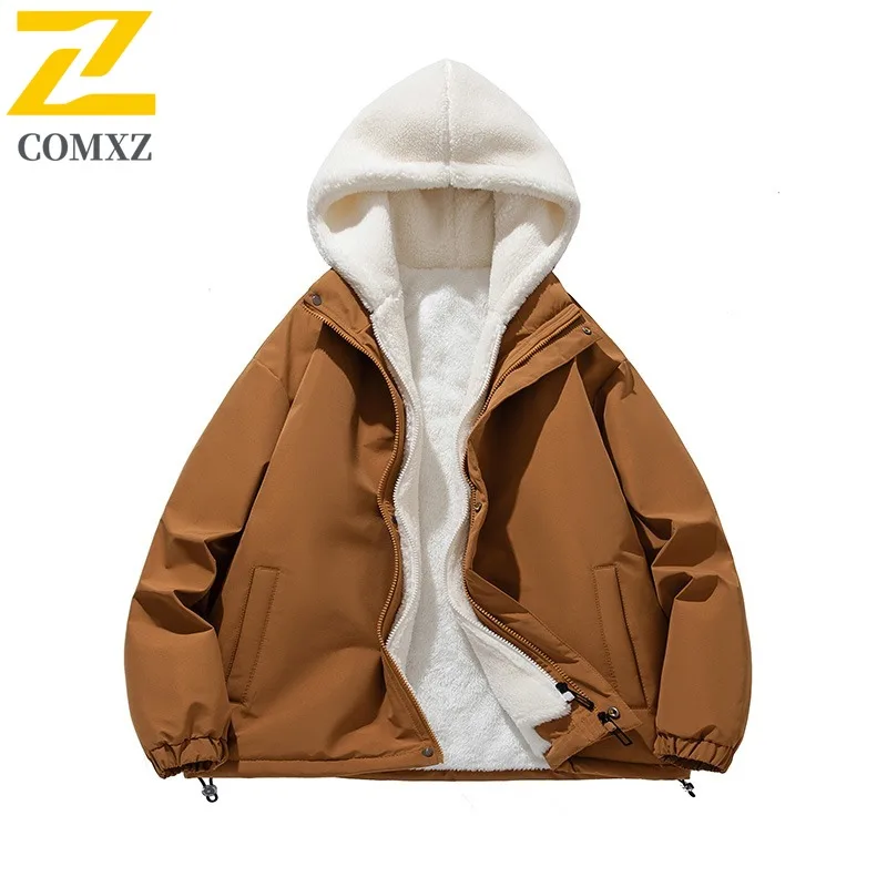 COMXZ 2025 Autumn Winter Sherpa Two Piece Hooded Jacket Unisex Thick Fleece Lined Fashion Outdoor Sports Casual Solid Color Coat