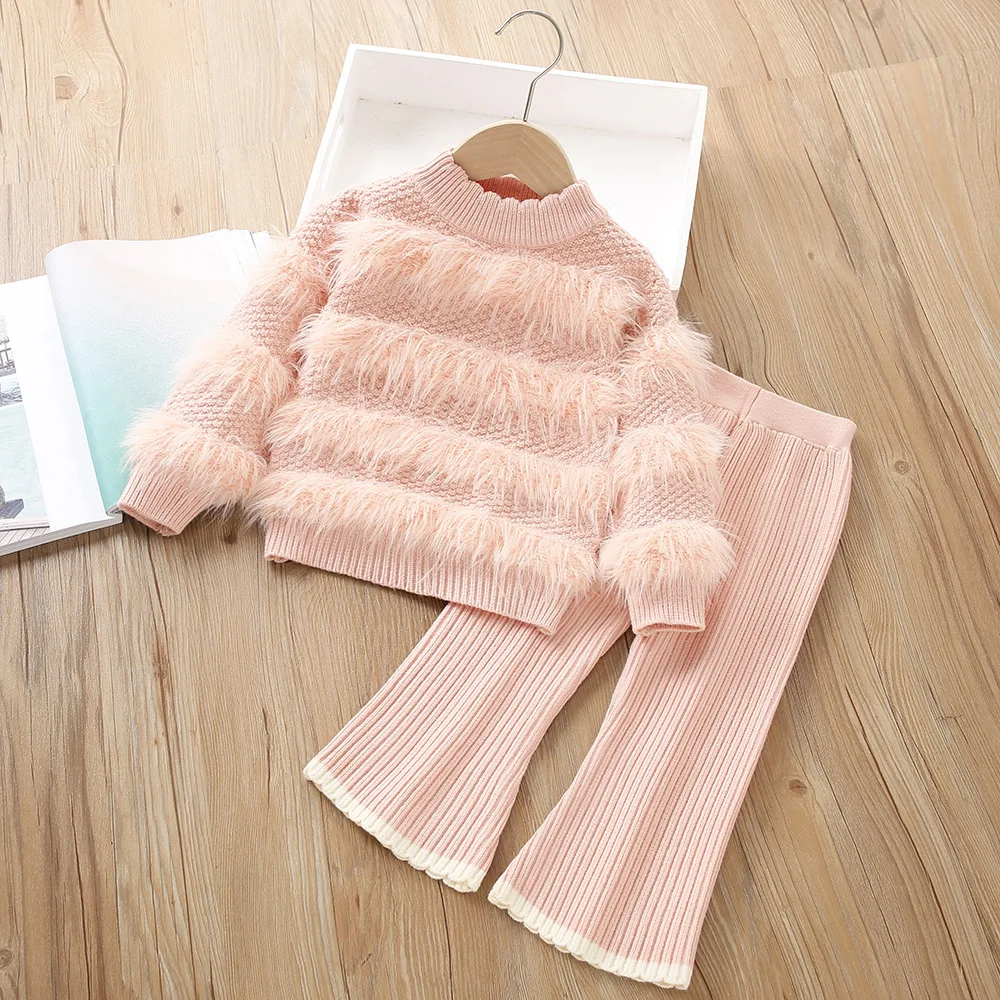 

Girls Clothes Sets Spring Autumn Children Woolen Jersey Sweaters Tops Pants Princess Suit For Baby Knitted Outfits Kids Costume
