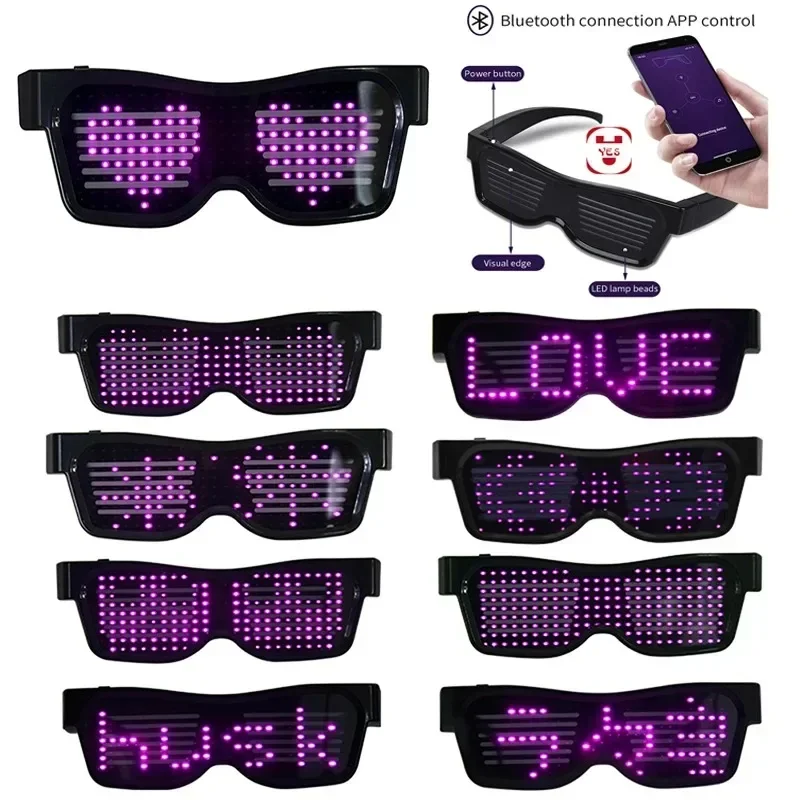 

App Control Bluetooth Led Party Glasses Customized Languages USB Charge Flashing Luminous Eyewear Christmas Concert Sunglasses