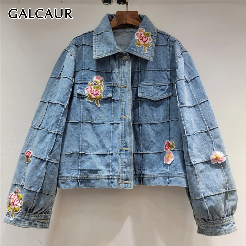 

GALCAUR Blue Spliced Embroidery Chic Jacket Female Lapel Long Sleeve Loose Streetwear Sweet Women's Jackets Autumn Fashion New