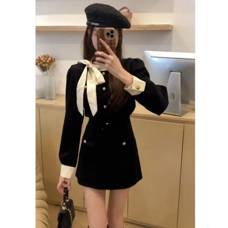 Insozkdg French Style Elegant Suit Bow Stitching Velvet Jacket Autumn Winter Hip Skirt A-line Short Skirt Two-piece Set Women's