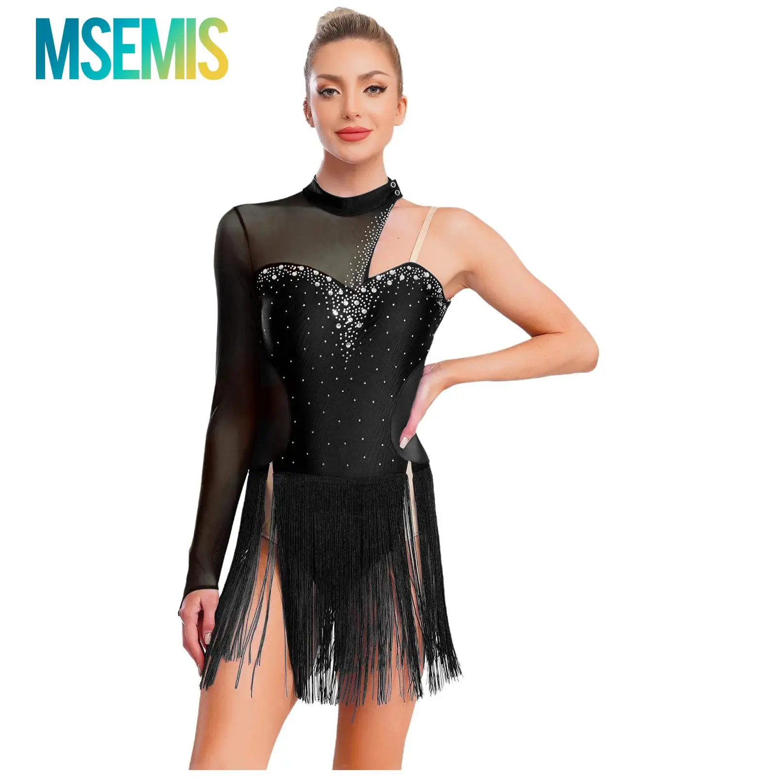 

Women Gymnastics Figure Skating Latin Tango Dance Costume Sheer Mesh Sparkling Rhinestones Fringed Ballet Dance Dress Dancewear