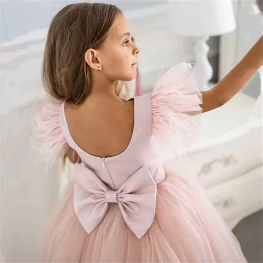 

Elegant Pink Flower Girl Wedding Dress Sleeveless with Bow Princess Girl Birthday Party Dress Baby Frist Communion Gown