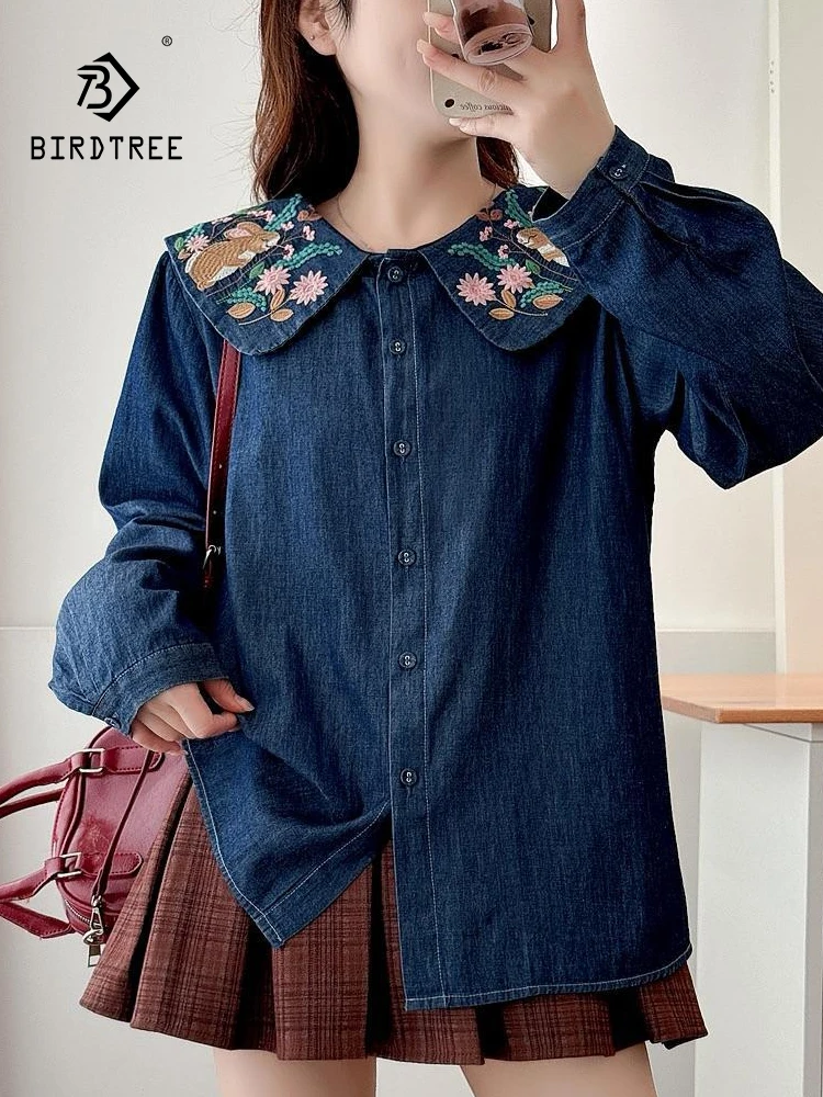 

Новая осенняя джинсовая рубашка с длинными рукавами 2025, женская свободная блузка с воротником Питера Пэна и вышивкой, Mori Girl Sweet Age Reduction T58657CC