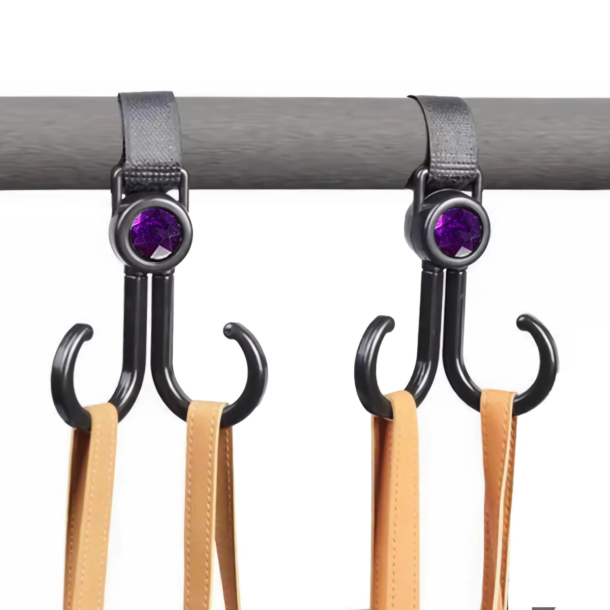 

2 Pack Stroller Hooks with Hook-and-Loop - 360° Rotating Carabiner Clips for Diaper Bag, Purse, Groceries - Food Grade ABS (Univ