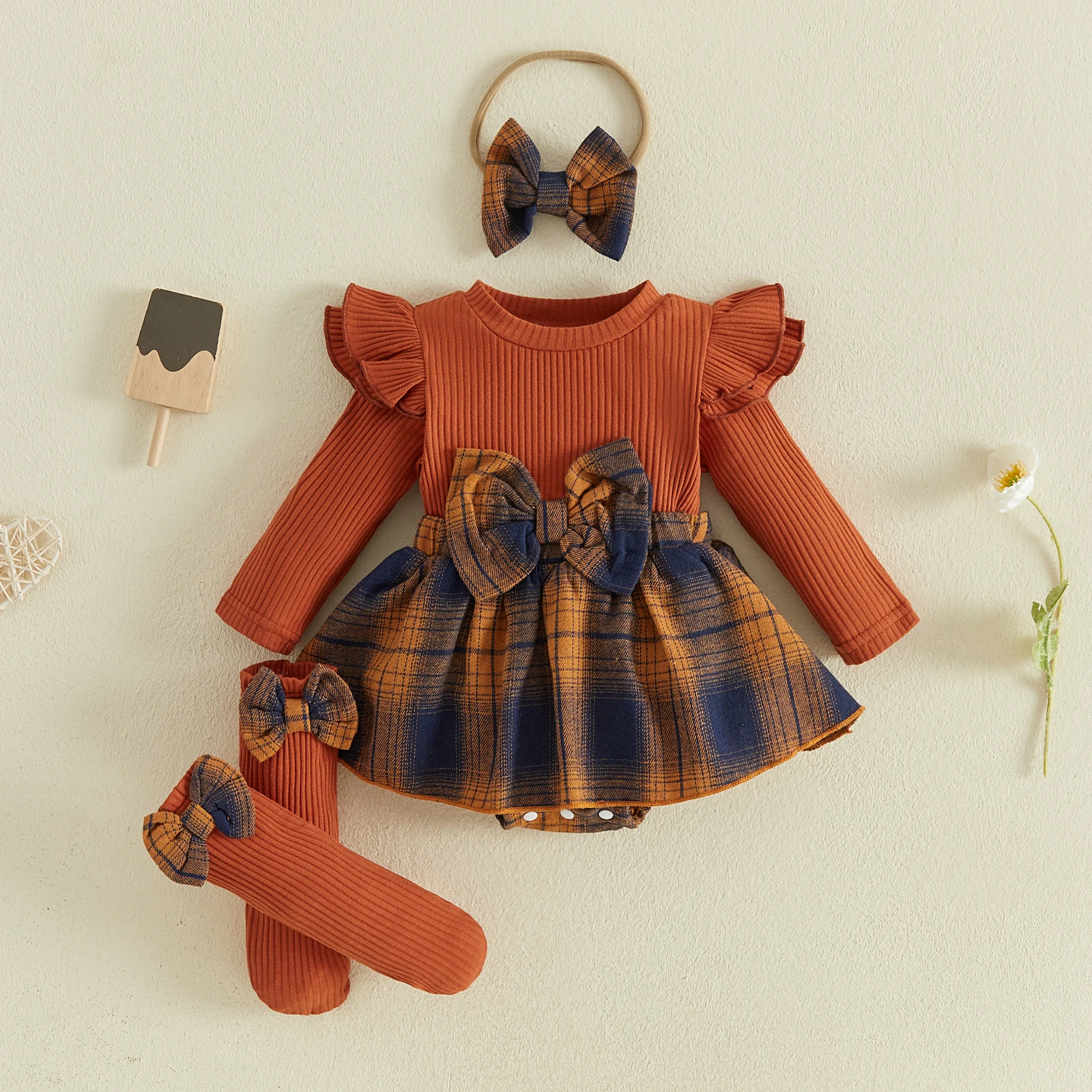 Baby Girl Fall Winter Outfits Long Sleeve Plaid Patchwork Romper Dress Headband Socks Costume