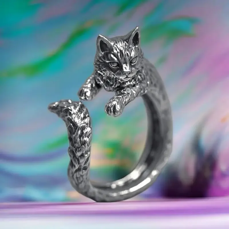 925 Silver Cat Ring Real Jewelry Designer Fashion Adjustable Rings Gifts Amulets Accessories Charms Luxury Carved Women