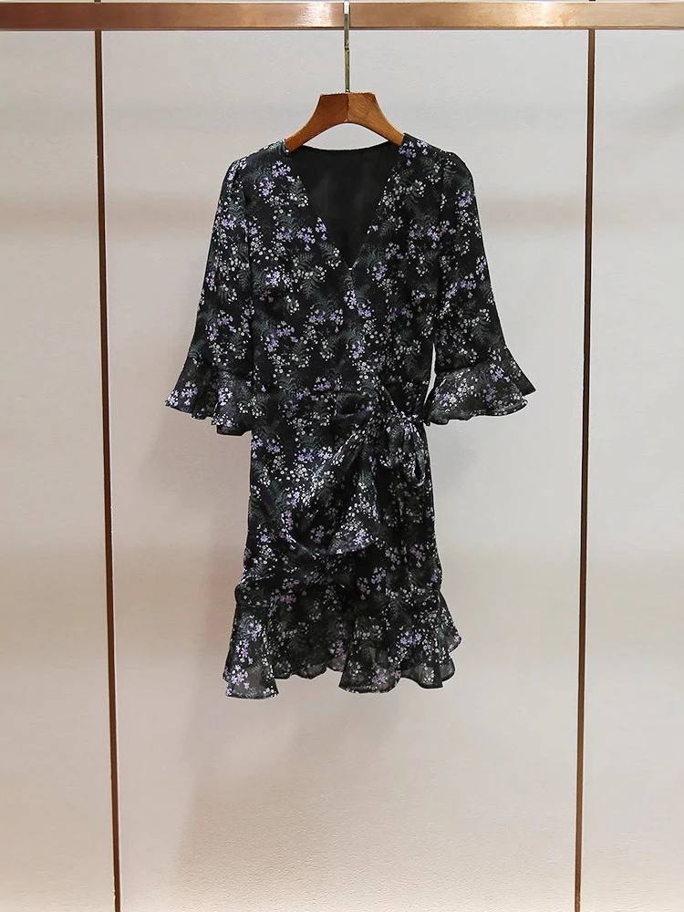 High End Women's Summer New Style French Vacation Style V-neck Flared Sleeves Floral Chiffon Dress for Women