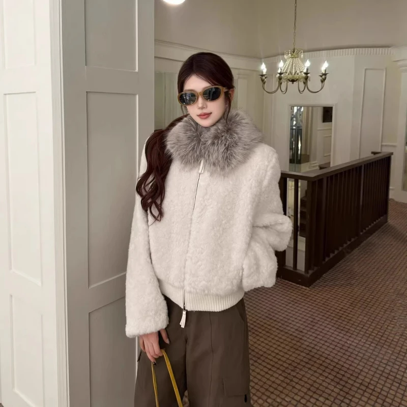 

Теплое пальто с меховым воротником на молнии и длинными рукавами для женщин, Зима 2026, Новая модная повседневная серая свободная приталенная шуба для женщин