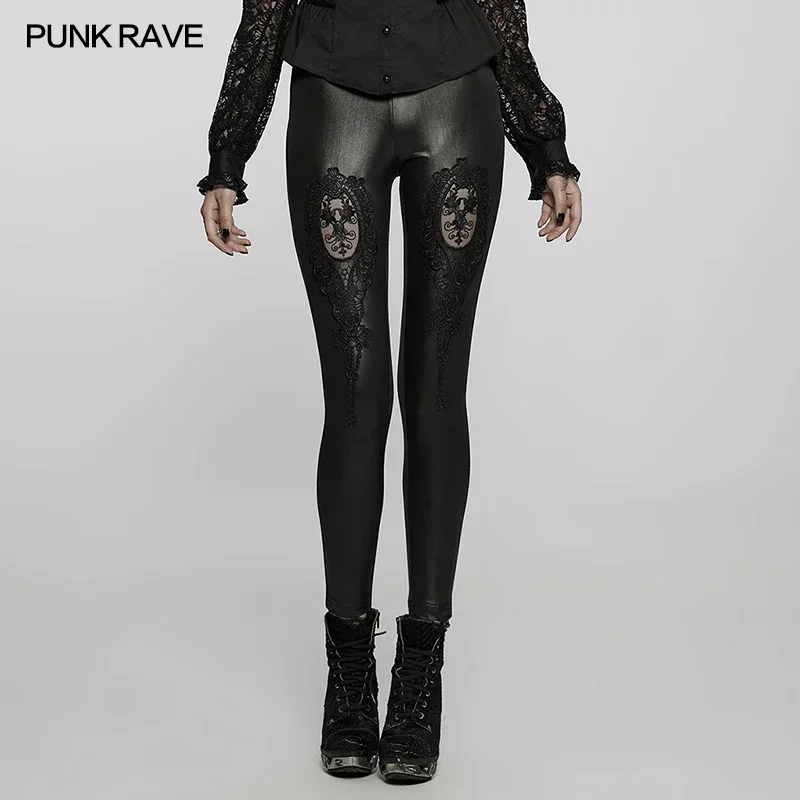 PUNK RAVE Women's Gothic Daily Hollow Out Applique Leggings Simple Design Easy To Match Club Black Pants Women